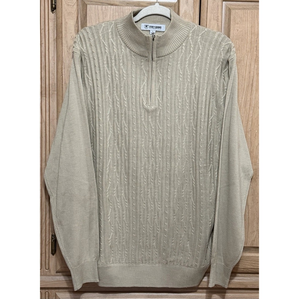 STACY ADAMS Cable Knit Sweater Men's Size Large Natural Beige Textured 1/4 Zip